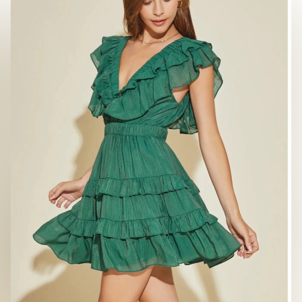 Green V-neck ruffle tiered Mustard Seed dress